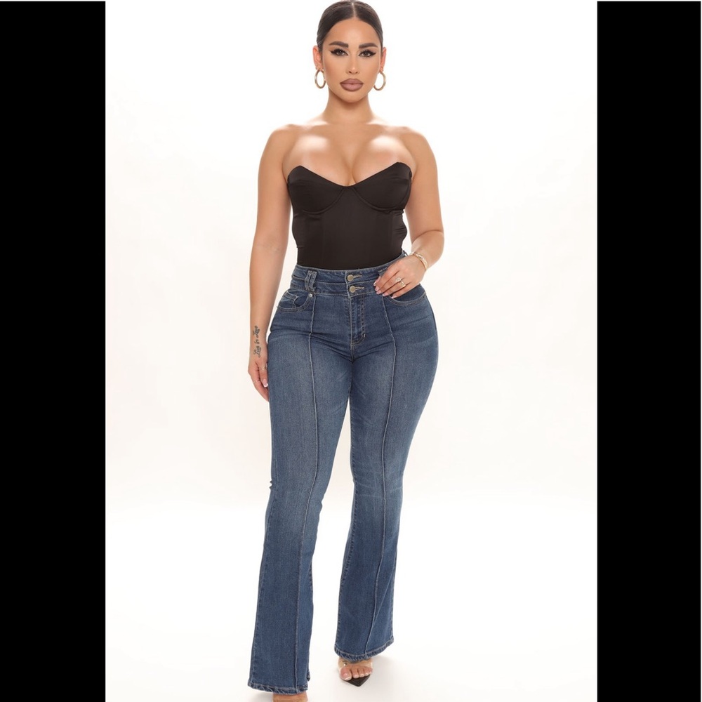 Recycled Pintuck Flare Jeans- Medium Blue Wash